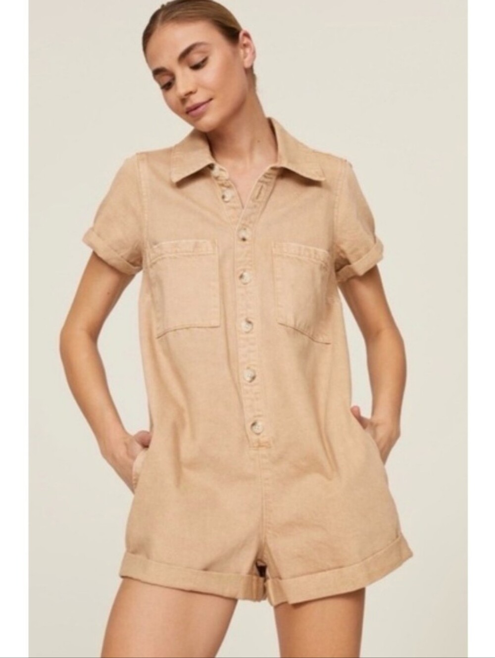 Show Me Your Mumu tan shorts utility romper